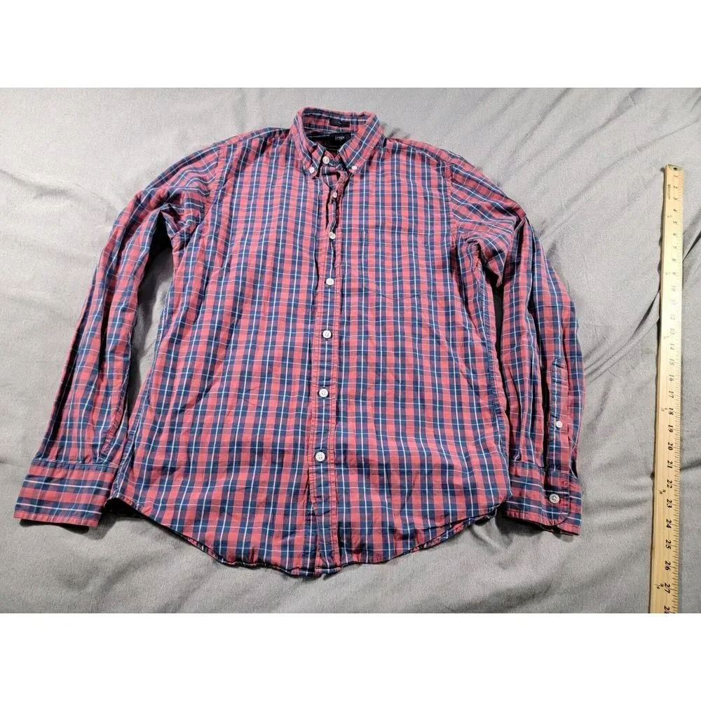 J Crew Button up‎ Shirt Mens Medium Slim Fit Red Blue Plaid Long Sleeve